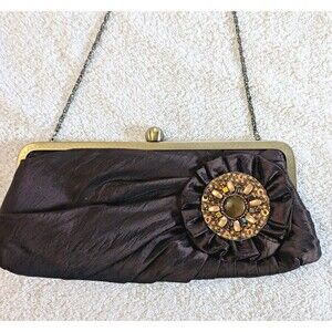 Vintage Style 1940s Brown Satin Kiss Lock Convertible Clutch Bag Fancy Rosette
